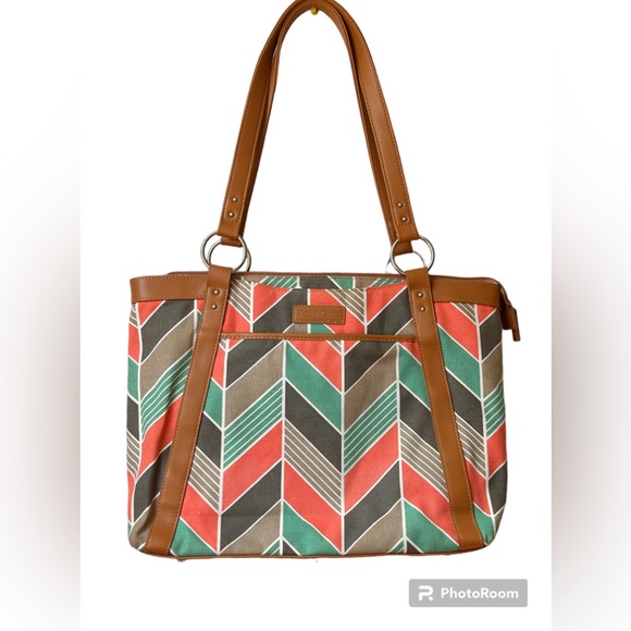 KAILO CHIC CORAL & TURQUOISE CHEVRON FABRIC LAPTOP ORGANIZER  BAG TRAVEL TOTE - Picture 4 of 6